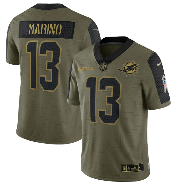 Men's Miami Dolphins #13 Dan Marino 2021 Olive Salute To Service Limited Stitched Jersey Men's Miami Dolphins #13 Dan Marino 2021 Olive Salute To Service Limited Stitched Jersey